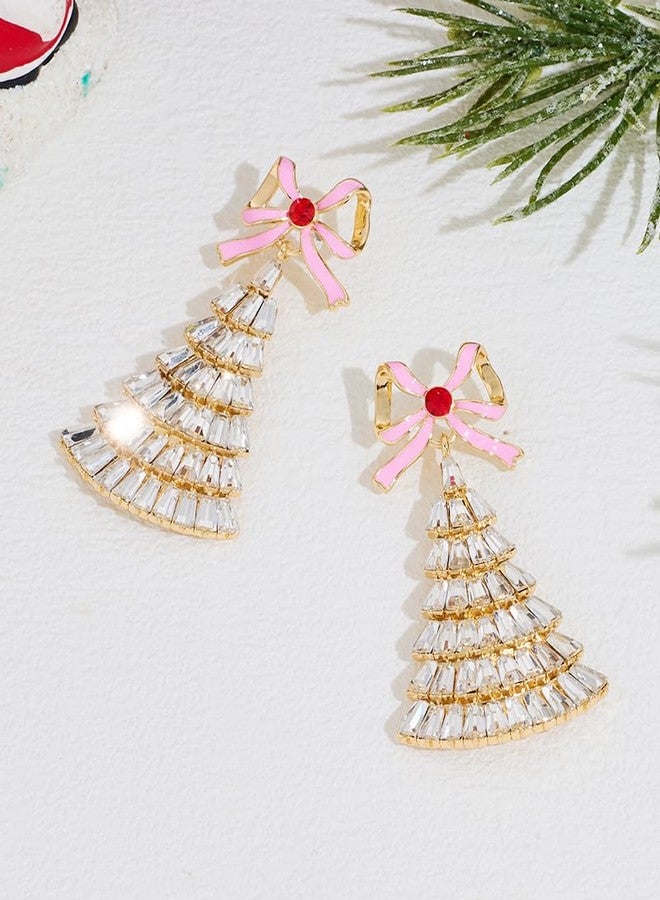FAUTHENTICUTE Christmas Tree Earrings for Women Pink Enamel Bow Stud With A Clear Rhinestone Tree Dangle Holiday Statement Earrings Cute Christmas Jewelry - Image 4